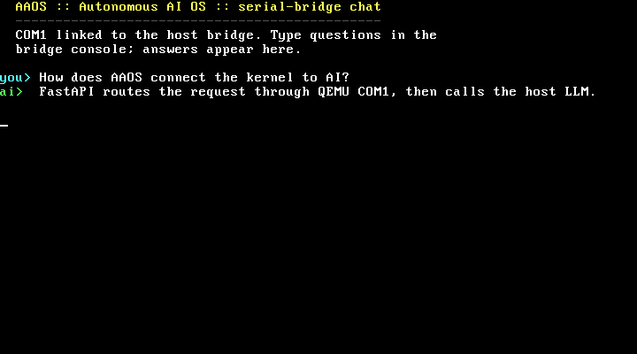 Actual AAOS kernel VGA output captured from QEMU after a COM1 message round trip